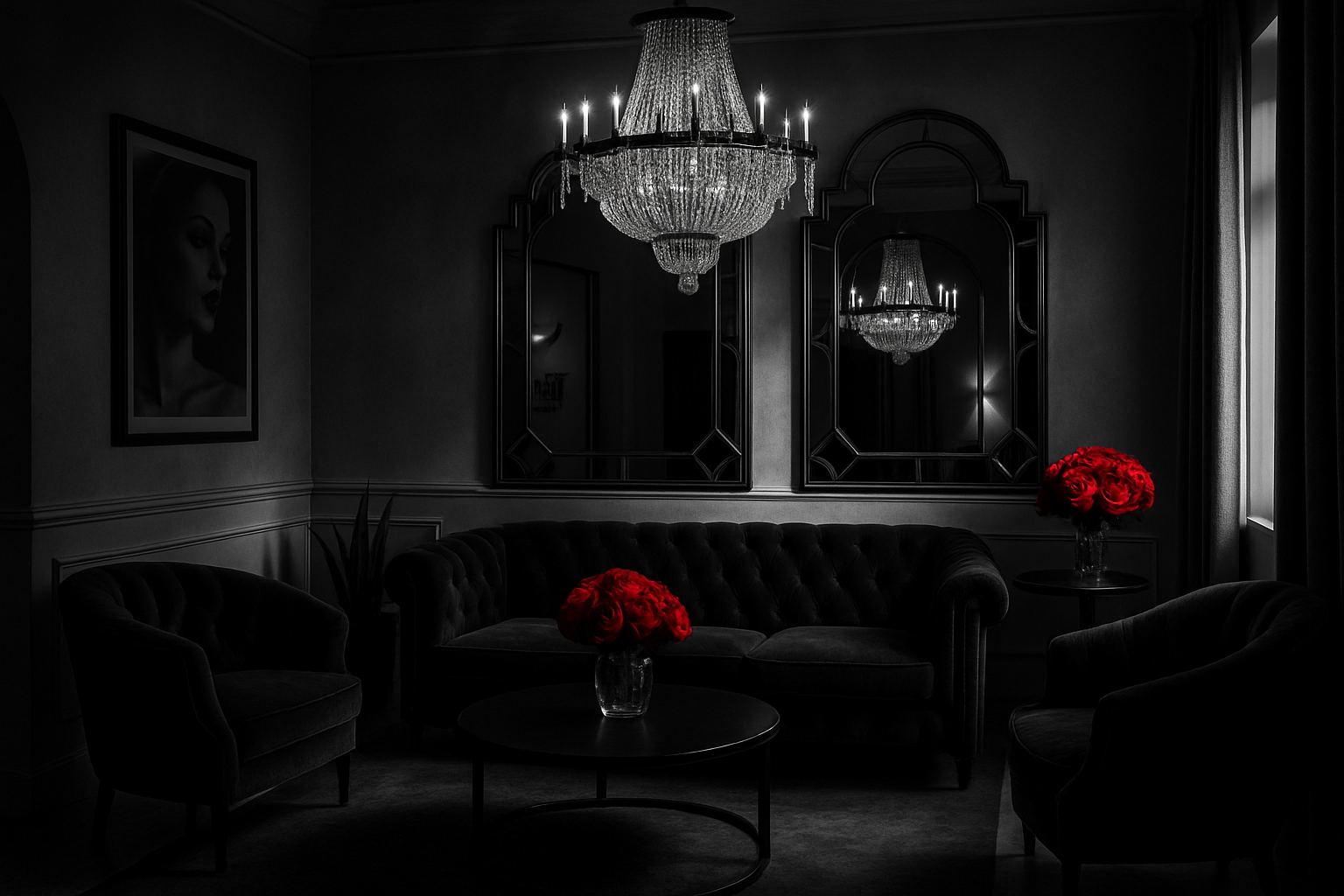 Dramatic spa waiting area with crystal chandelier